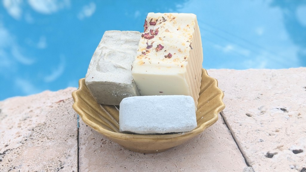 Nourish Natural Soaps and Bath Steamer in a Shell Bowl